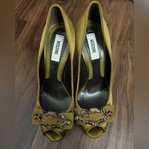 Moschino Olive Satin Bejeweled Platform Heels Size 37